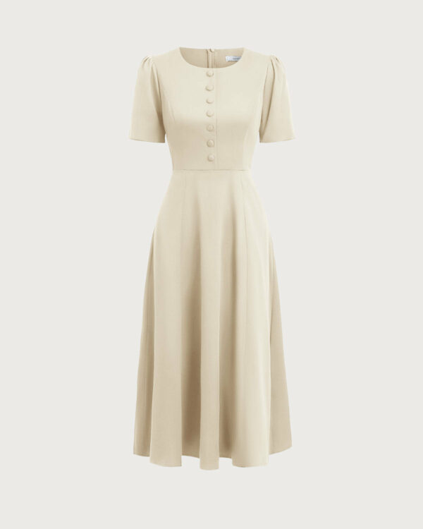 Beige Puffed Sleeve Button Midi Dress - Image 8