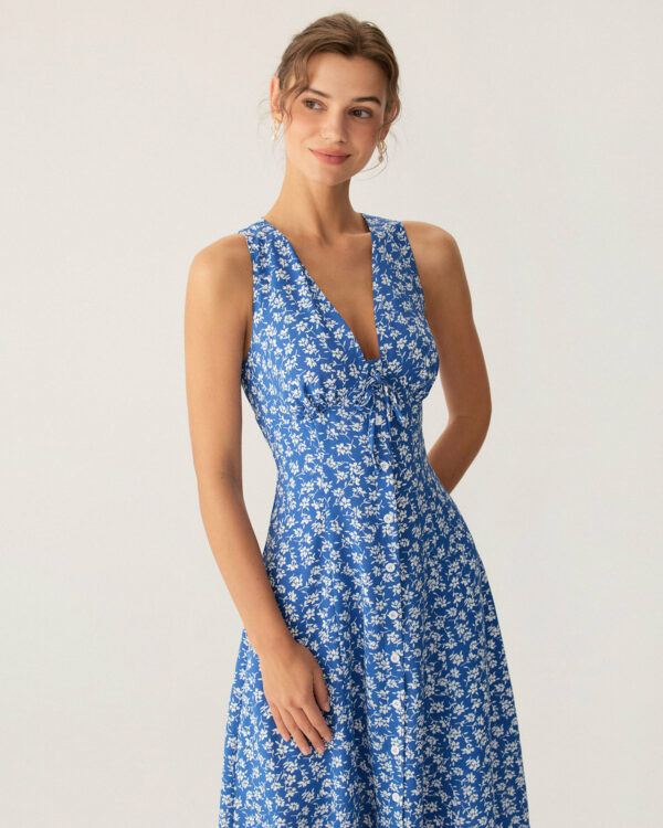 Blue Floral V Neck Sleeveless Midi Dress - Image 3