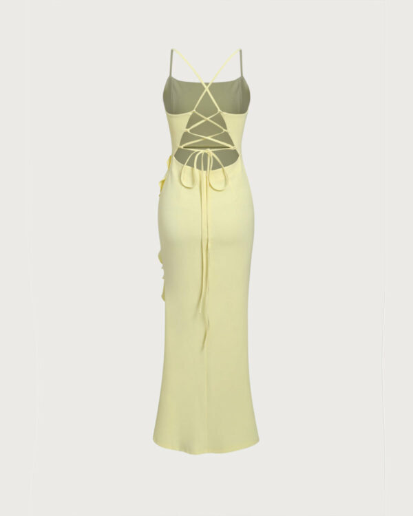 Yellow Ruffle Backless Slit Slip Maxi Dress - Image 7