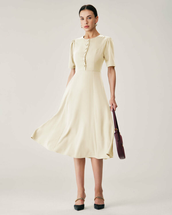 Beige Puffed Sleeve Button Midi Dress - Image 6