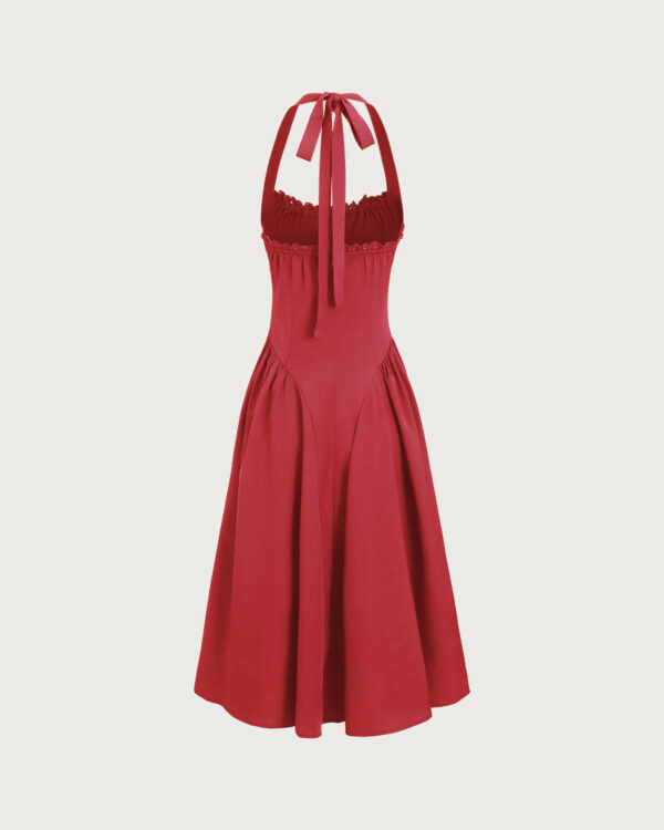 Red Ruched Halter Midi Dress - Image 6