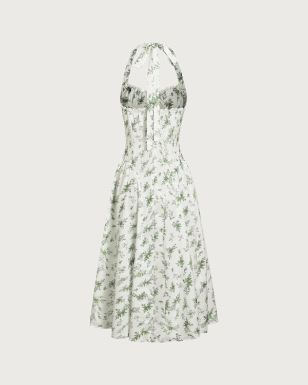 Green Floral Ruched Lace Halter Midi Dress - Image 6