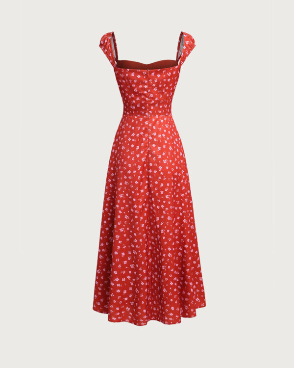 Red Floral Neck Cap Sleeve Midi Dress - Image 10