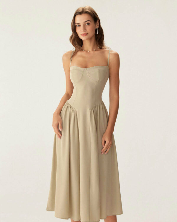 Khaki Square Neck Pocket Slip Midi Dress