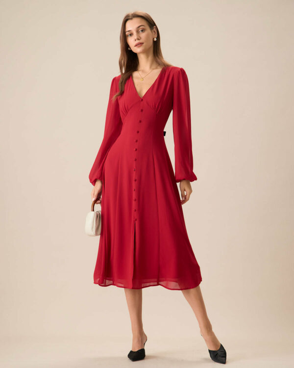 Women's Red V-Neck Puff Sleeve Slit Midi Dress - Image 3