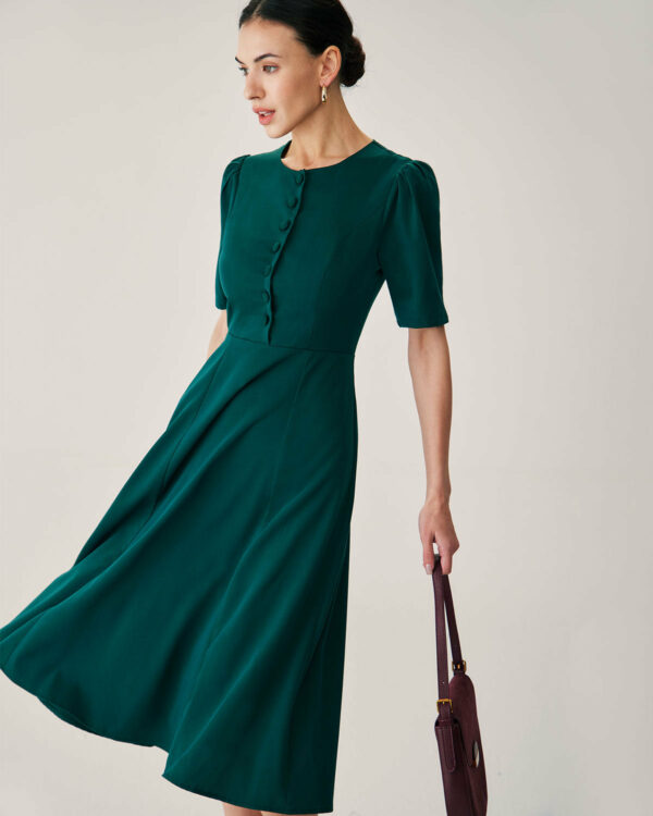 Green Puffed Sleeve Button Midi Dress - Image 3