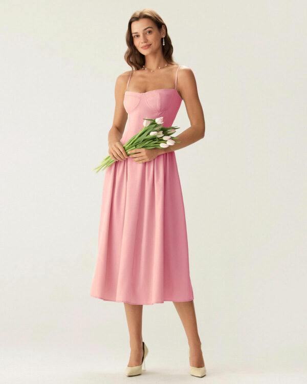 Pink Square Neck Pocket Slip Midi Dress - Image 4