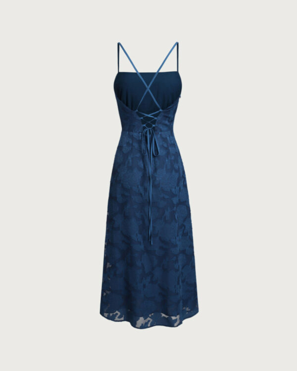 Navy Jacquard Slip Backless Maxi Dress - Image 7