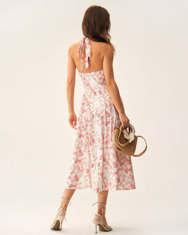 Pink Floral Halter Midi Dress - Image 5