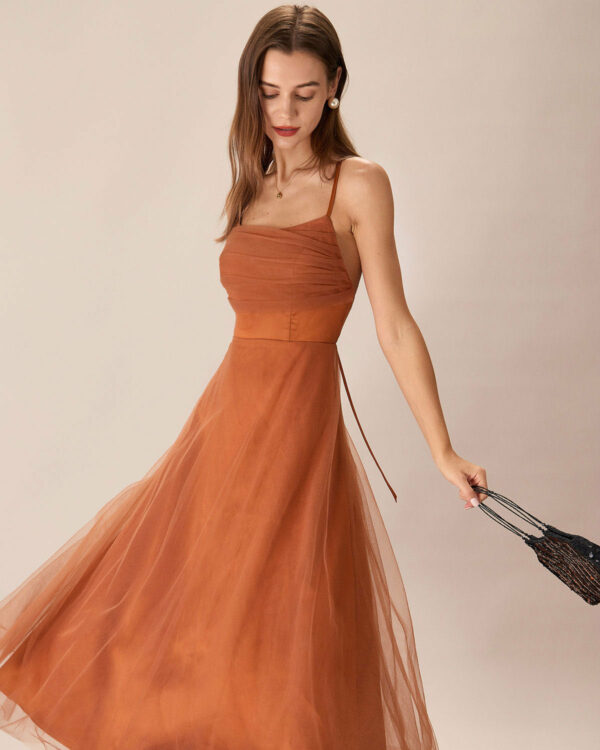 Caramel Mesh Flowy Slip Midi Dress - Image 3