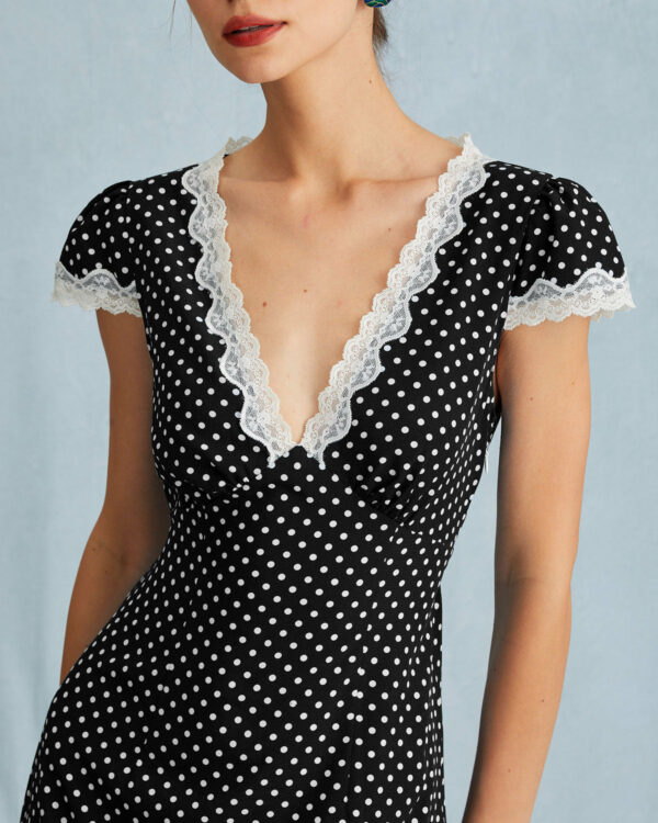 Black Polka Dot Lace Trim Maxi Dress - Image 2