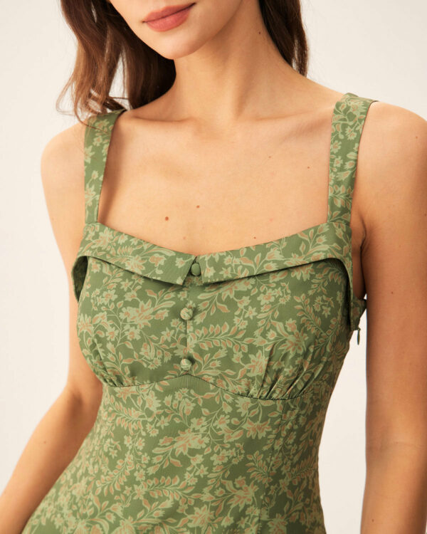 Green Floral Square Neck Slip Midi Dress - Image 5