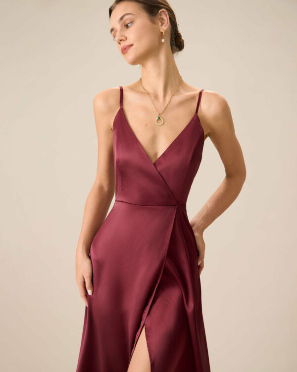 Red Satin Slit Maxi Dress - Image 2
