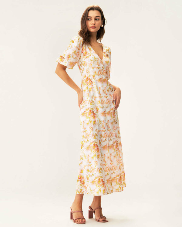Orange Floral V-Neck Puffed Sleeve Maxi Dress - Image 6