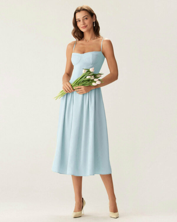 Blue Square Neck Pocket Slip Midi Dress - Image 3