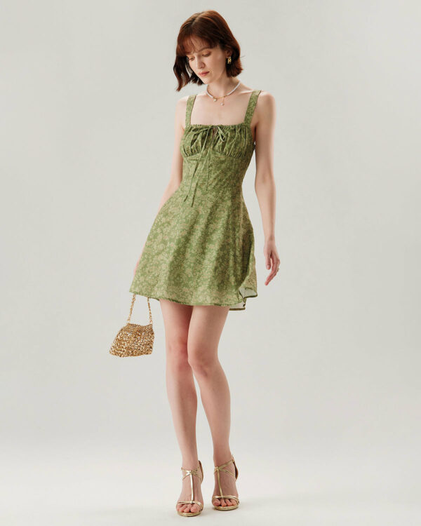 Green Floral Ruched Slip Mini Dress - Image 7