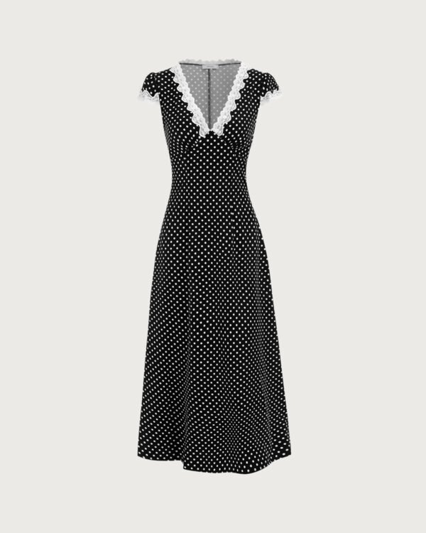Black Polka Dot Lace Trim Maxi Dress - Image 5