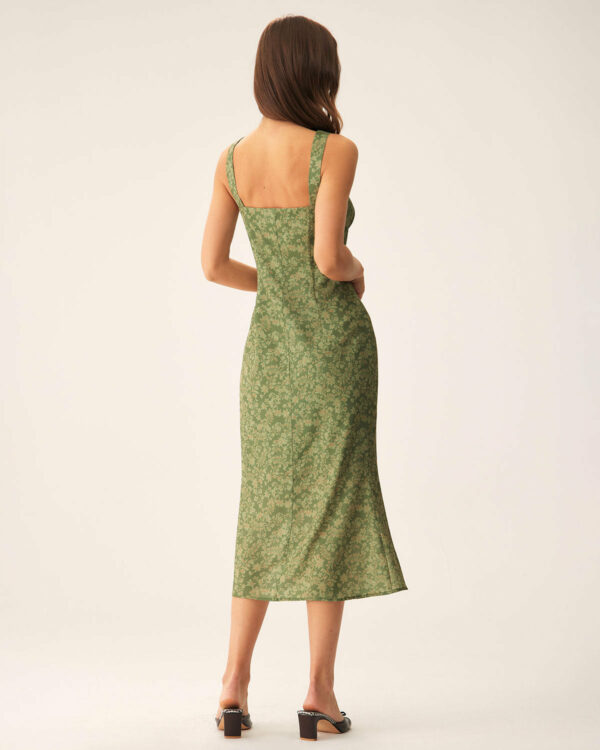 Green Floral Square Neck Slip Midi Dress - Image 8