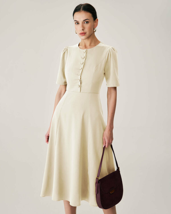 Beige Puffed Sleeve Button Midi Dress - Image 5