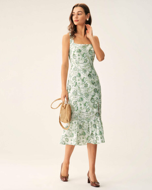 Green Floral Square Neck Midi Dress - Image 5