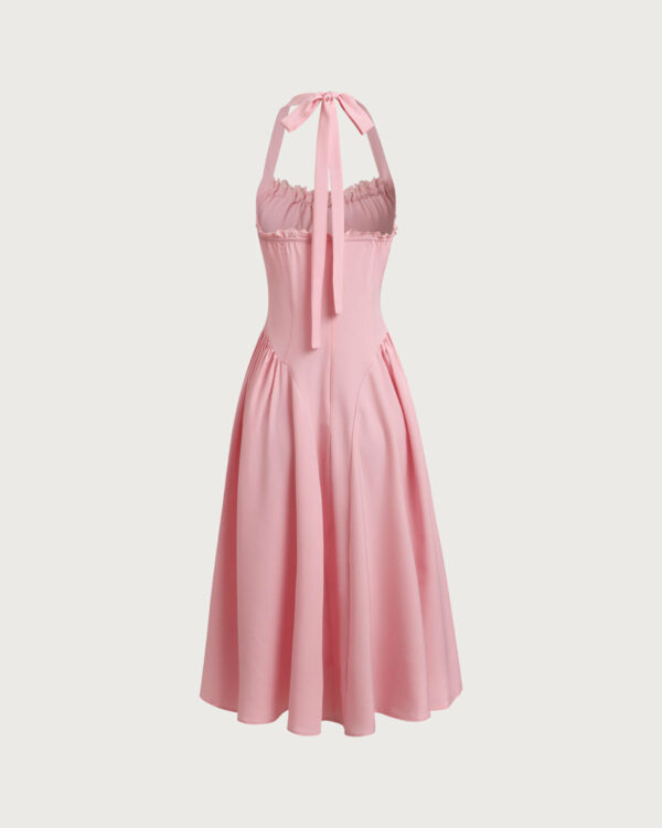 Pink Ruched Halter Midi Dress - Image 2
