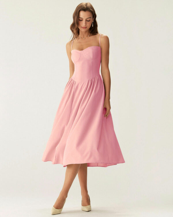 Pink Square Neck Pocket Slip Midi Dress