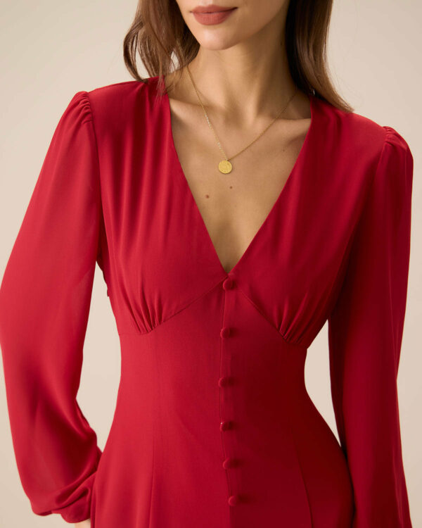 Women's Red V-Neck Puff Sleeve Slit Midi Dress - Image 2