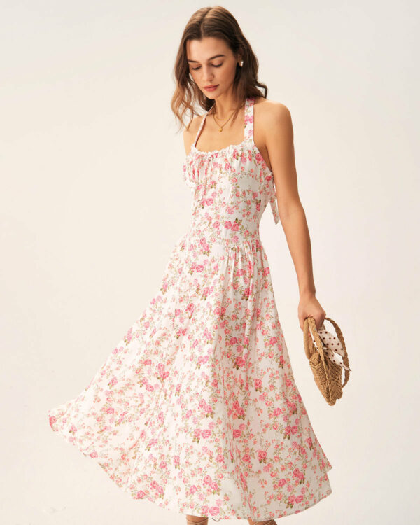 Pink Floral Halter Midi Dress - Image 3