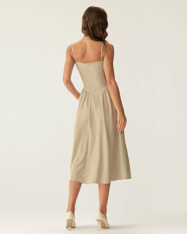 Khaki Square Neck Pocket Slip Midi Dress - Image 3
