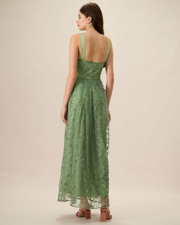 Women's Green Embroidery Mesh Slip Maxi Dress - Image 5