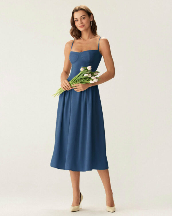 Navy Square Neck Pocket Slip Midi Dress - Image 3