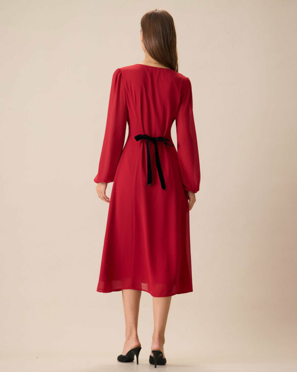 Women's Red V-Neck Puff Sleeve Slit Midi Dress - Image 4