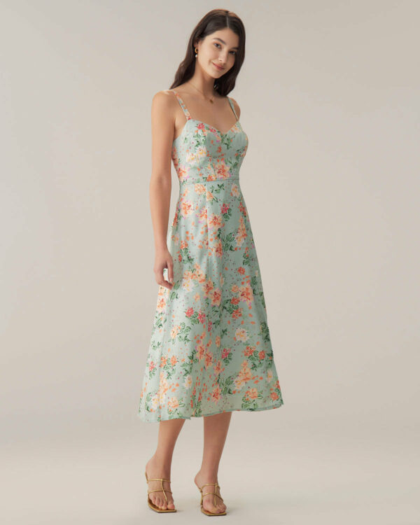 Green Floral Neck Slip Midi Dress - Image 3