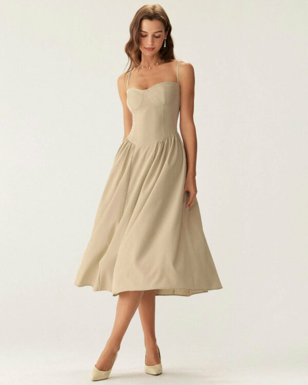 Khaki Square Neck Pocket Slip Midi Dress - Image 2