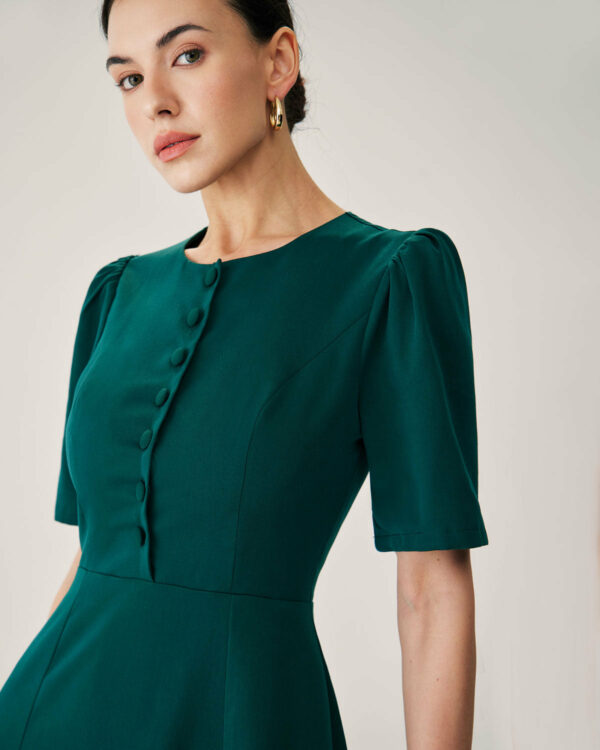 Green Puffed Sleeve Button Midi Dress - Image 2