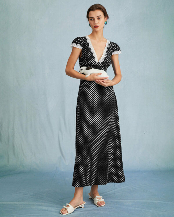Black Polka Dot Lace Trim Maxi Dress - Image 3