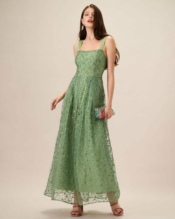 Women's Green Embroidery Mesh Slip Maxi Dress - Image 3