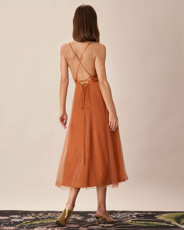Caramel Mesh Flowy Slip Midi Dress - Image 4