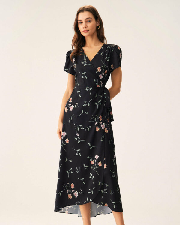 Black Floral Wrap Maxi Dress - Image 3