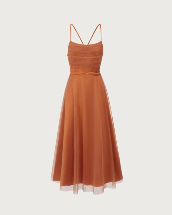 Caramel Mesh Flowy Slip Midi Dress - Image 5