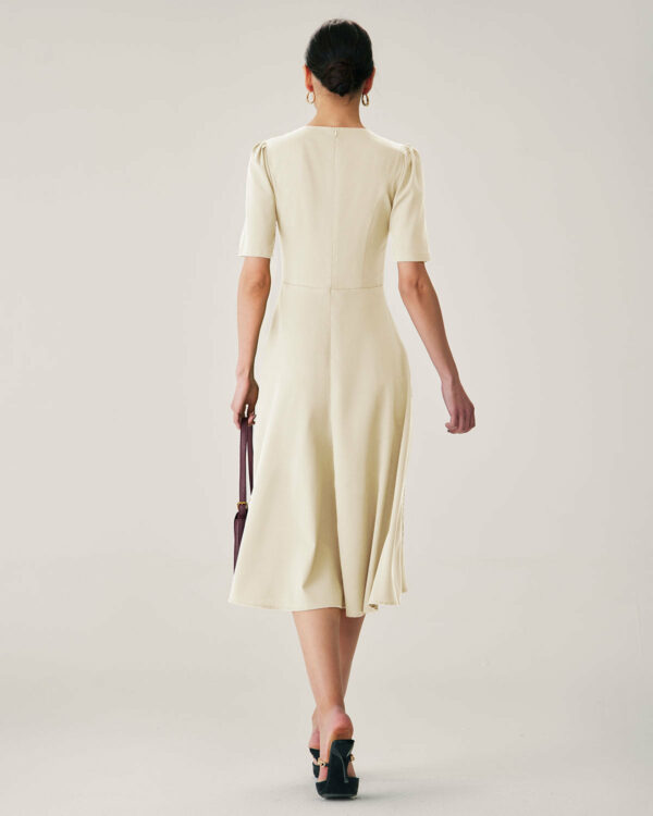 Beige Puffed Sleeve Button Midi Dress - Image 7