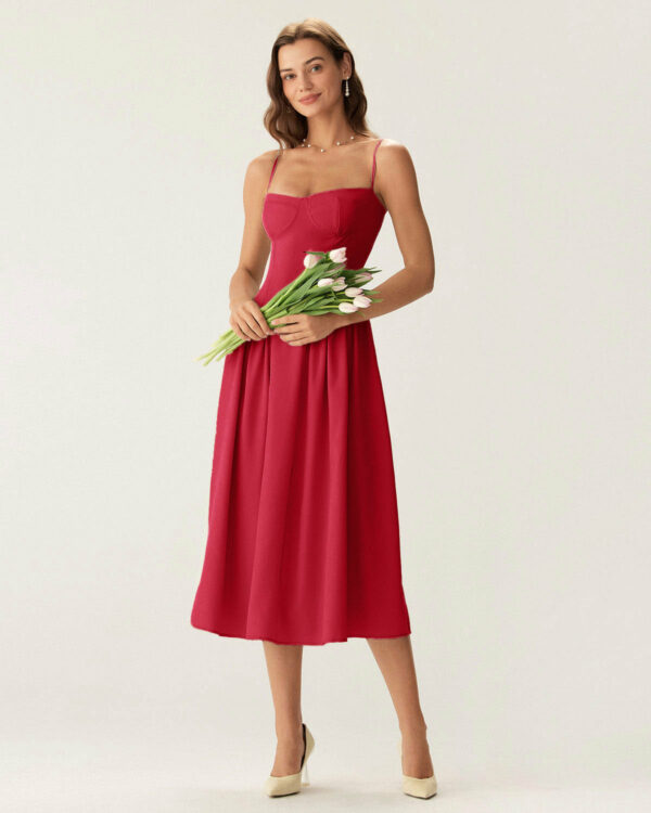 Red Square Neck Pocket Slip Midi Dress - Image 3