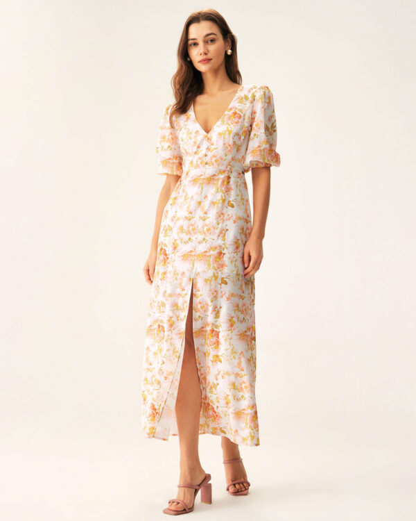 Orange Floral V-Neck Puffed Sleeve Maxi Dress - Image 4
