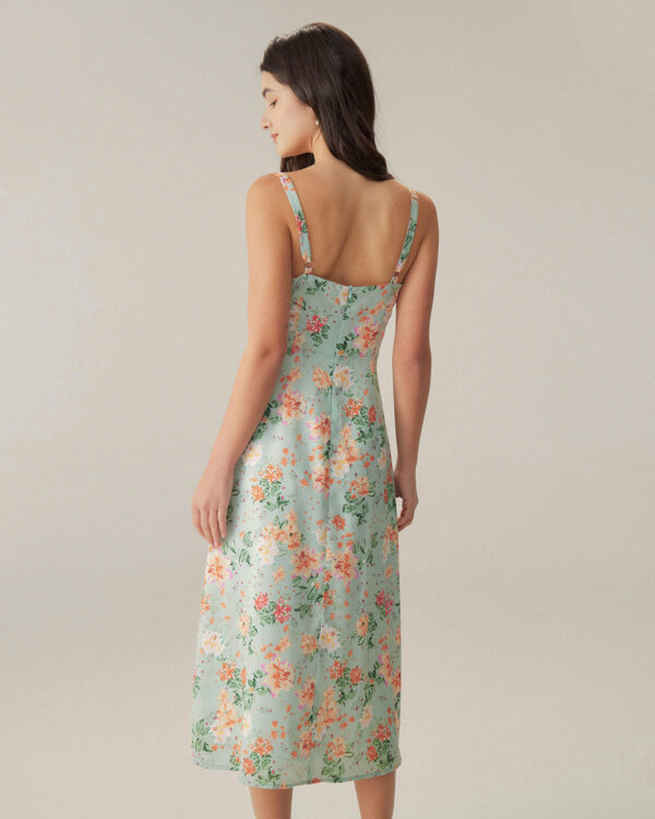 Green Floral Neck Slip Midi Dress - Image 4