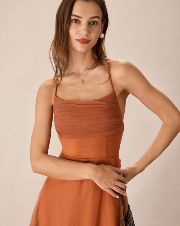 Caramel Mesh Flowy Slip Midi Dress - Image 2