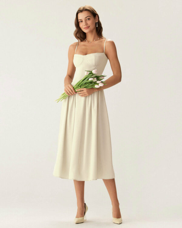 Beige Square Neck Pocket Slip Midi Dress - Image 3
