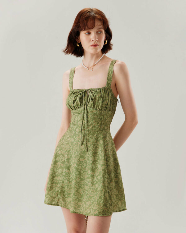 Green Floral Ruched Slip Mini Dress - Image 6