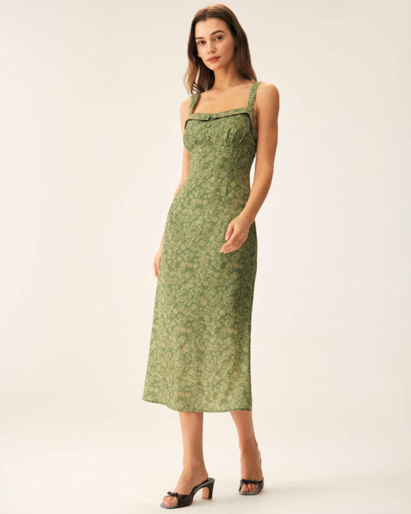 Green Floral Square Neck Slip Midi Dress - Image 6