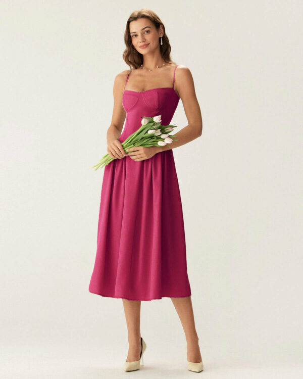Wine Red Square Neck Pocket Slip Midi Dress - Image 2
