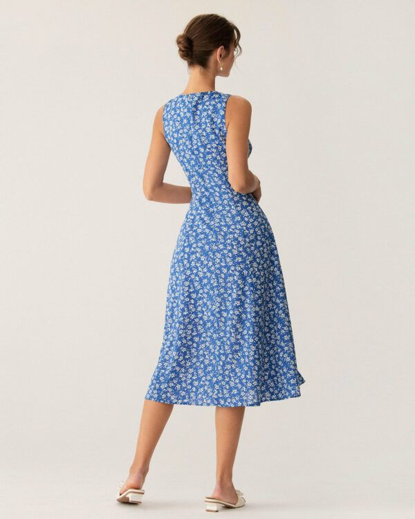Blue Floral V Neck Sleeveless Midi Dress - Image 5